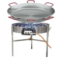 Kit à paella - 200 personnes - Maxi pare-flamme inox - Plat acier - thermocouple