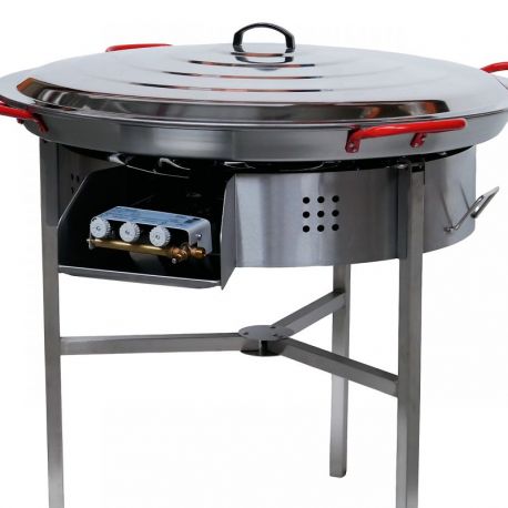 Kit à paella - 85 personnes - Pare-flamme inox 80cm - Plat acier - veilleuse - thermocouple -couvercle inox