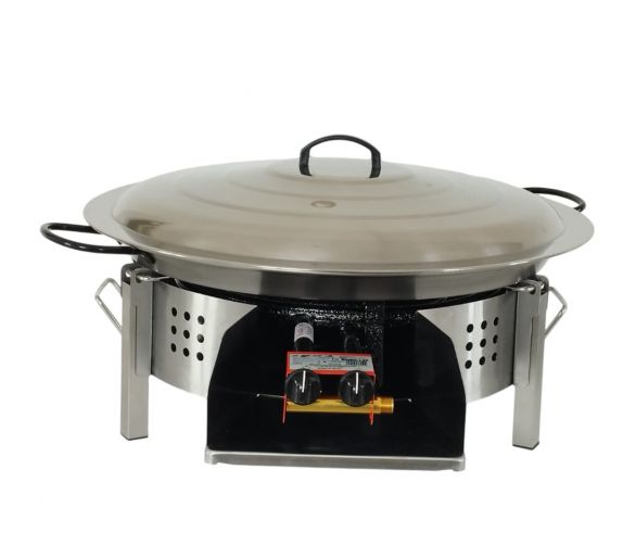 Kit paella thermocouple - Pare-flammes plan de travail 60cm inox - 30 personnes - Plat pata negra 70cm avec couvercle inox