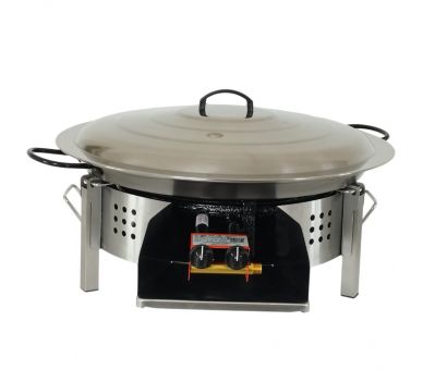 Kit paella thermocouple - Pare-flammes plan de travail 60cm inox - 25 personnes - Plat pata negra 65cm avec couvercle inox