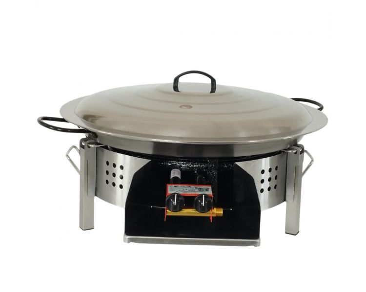 Kit paella thermocouple - Pare-flammes plan de travail 60cm inox - 25 personnes - Plat pata negra 65cm avec couvercle inox