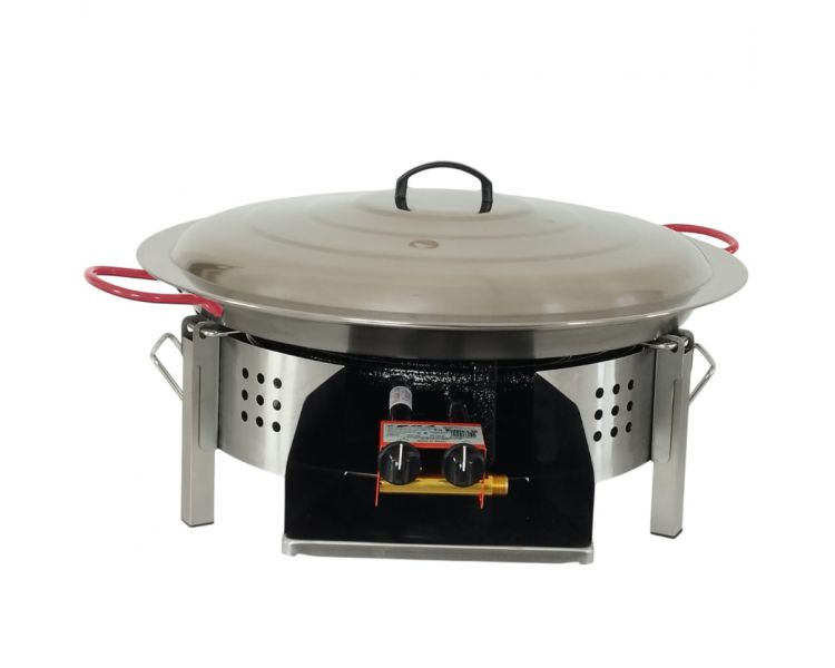 Kit paella Surpuissant - Pare-flammes plan de travail 60cm inox - 25 personnes - Plat acier 65cm avec couvercle inox