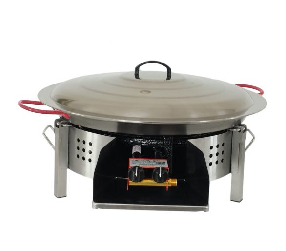 Kit paella thermocouple - Pare-flammes plan de travail 60cm inox - 30 personnes - Plat acier 70cm avec couvercle inox