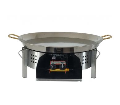 Kit paella thermocouple - Pare-flammes plan de travail 60cm inox - 25 personnes - Plat inox 65cm avec couvercle inox
