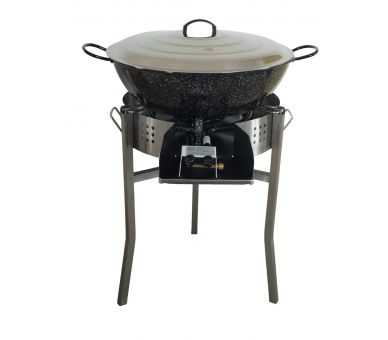 Kit Poêle creuse - pare flammes 45cm inox - 70 personnes - Plat creux émaillé 65cm - Couvercle - Thermocouple