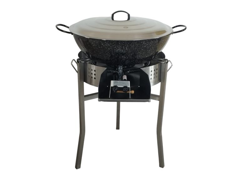 Kit Poêle creuse - pare flammes 45cm inox - 70 personnes - Plat creux émaillé 65cm - Couvercle - Thermocouple