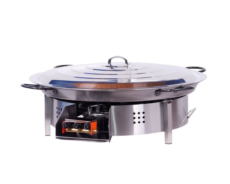 Kit paella Surpuissant - 40 personnes - Pare-flammes plan de travail 70cm inox - Plat pata negra avec couvercle inox