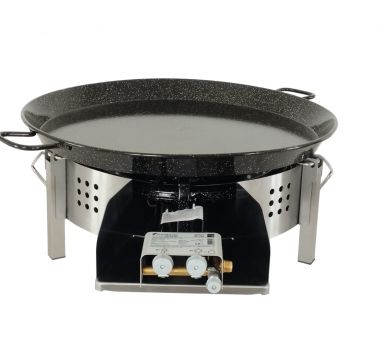 Kit paella thermocouple - Pare-flammes plan de travail 60cm inox - 25 personnes - Plat émaillé 65cm avec couvercle inox