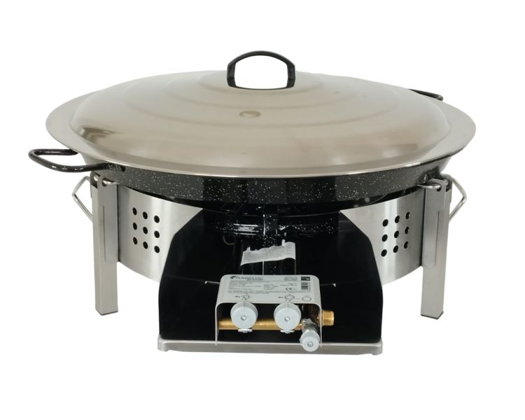 Kit paella Classique - Pare-flammes plan de travail 60cm inox - 30 personnes - Plat émaillé 70cm avec couvercle inox