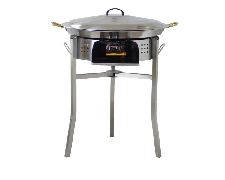 Kit paella thermocouple - Pare-flammes 60cm inox - 25 personnes - Plat inox 65cm avec couvercle inox