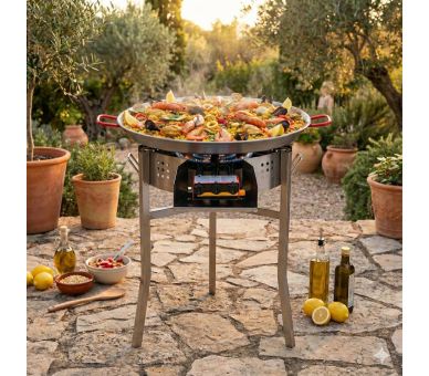 Kit paella Prémium - Pare-flammes 60cm inox - 25 personnes - Plat acier 65cm avec couvercle inox