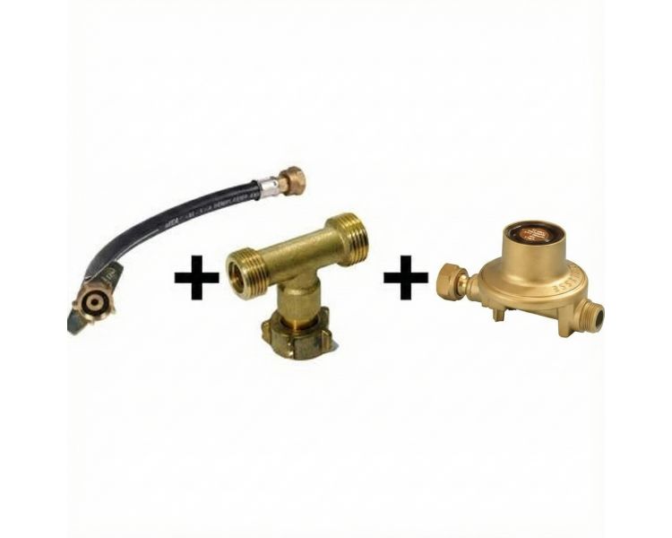 kit de couplage 2 bouteilles de gaz, lyre 70 cm + T + détendeur butane 29 mbar 2.6kg/h